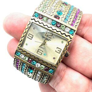 POV Womens Watch Multi Crystal Bronze Tone Hinged Bangle Bracelet NIB